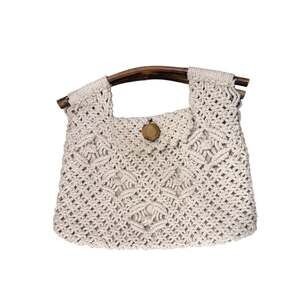 VTG Handmade Crochet Bamboo Handle Boho Handbag Ivory Coastal Grandma Coquette